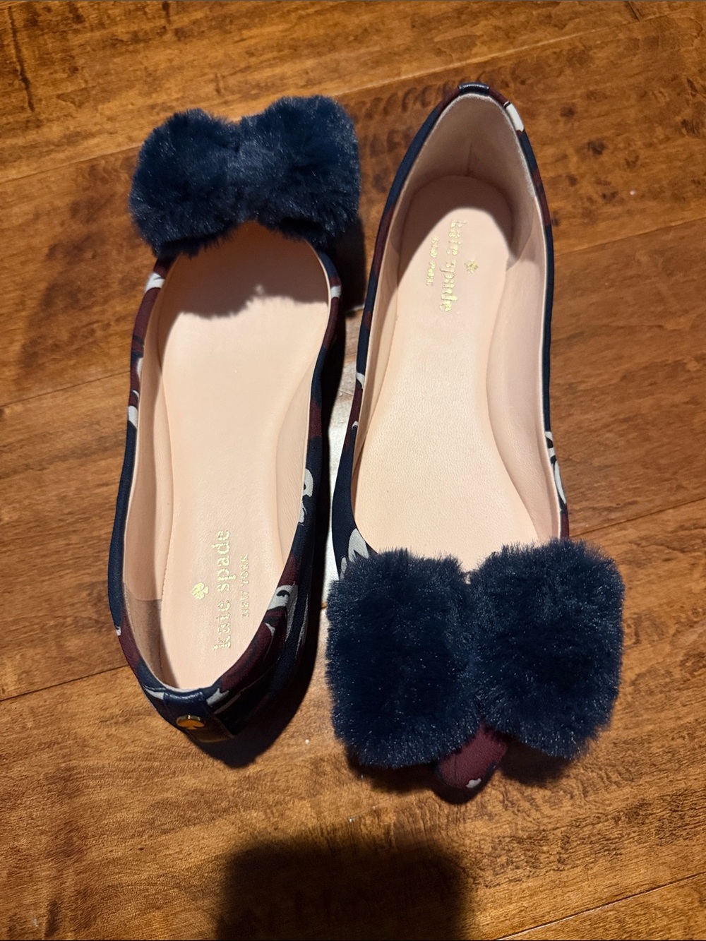 kate spade Navy Floral Pom Bow Ballet Flats